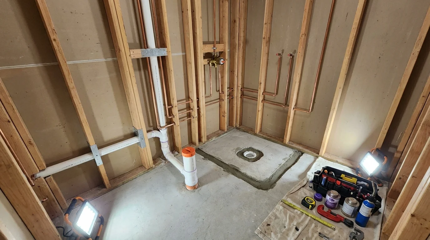 Bathroom rough-in plumbing during remodel by Johns Plumbing LLC in Leavittsburg