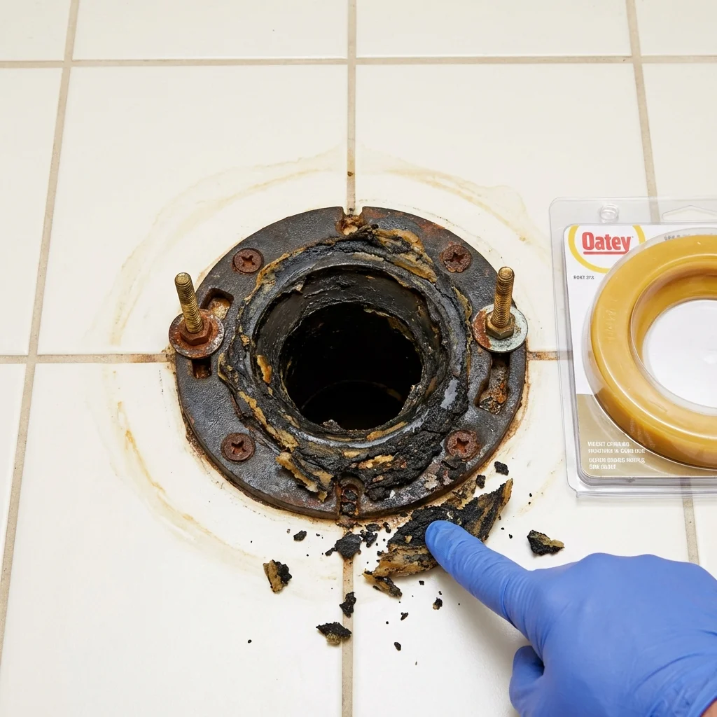 Failed wax ring showing water seepage at the base of a toilet in a Leavittsburg, OH home