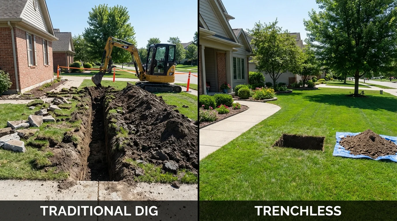 Trenchless sewer repair with minimal yard damage versus traditional excavation in Leavittsburg, OH