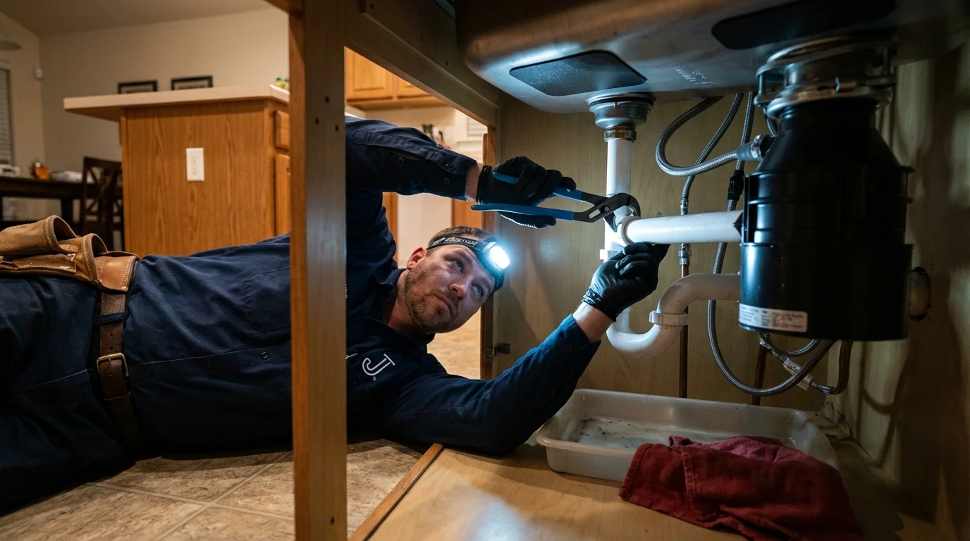P-trap and supply line connections under a kitchen sink showing a common leak point in Leavittsburg, OH